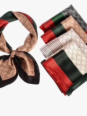 Patterned Satin Neck Scarf in Beige, Green & Red